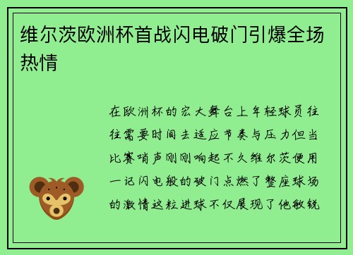 维尔茨欧洲杯首战闪电破门引爆全场热情